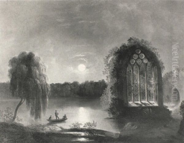 A Moonlit Lake Landscape With A Ruined Church And Boys Fishing From A Boat Oil Painting by Sebastian Pether