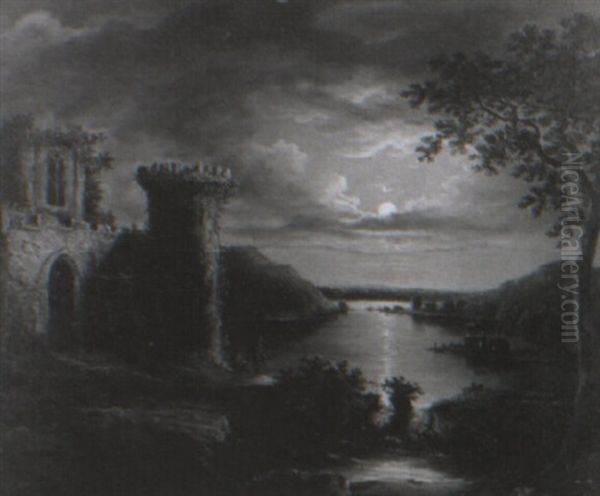 Figures By A Castle In A Moonlit River Landscape Oil Painting by Sebastian Pether