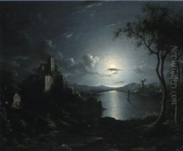 A Moonlit Wooded River Landscape With A Ruined Abbey Oil Painting by Sebastian Pether