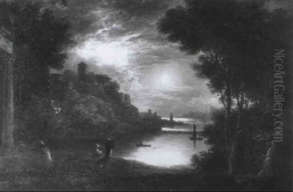 Moonlit River Landscape With Figures Oil Painting by Sebastian Pether