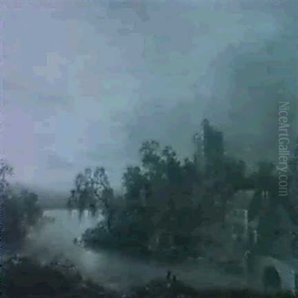 An Evening River Landscape With A Punt, A Bridge And A      Church Oil Painting by Sebastian Pether