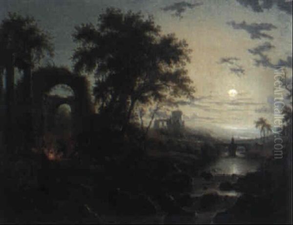 Moonlit River Landscape With Classical Ruins And Figures By A Fire Oil Painting by Sebastian Pether