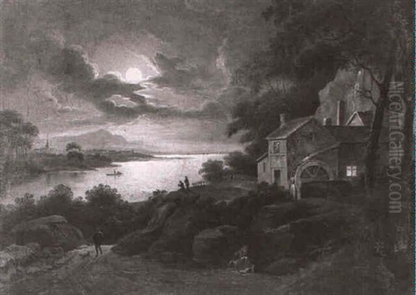 A Moonlit Coastal Landscape With A Mill Oil Painting by Sebastian Pether