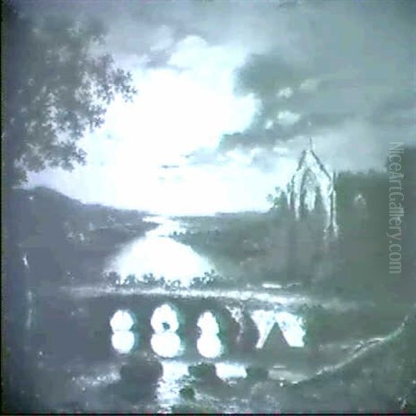 A Moonlit River Landscape With An Abbey Ruin Oil Painting by Sebastian Pether