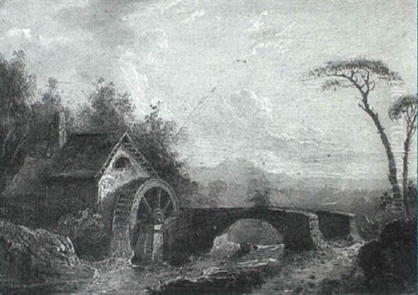 Figures On A Bridge By A Watermill, A Landscape Beyond Oil Painting by Sebastian Pether