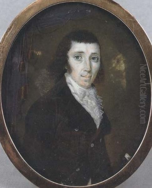 Portrait Of A Member Of The Russell Family In A Brown Coat, Blue And White Striped Waistcoat And Lace Cravat Oil Painting by Philip A. Peticolas