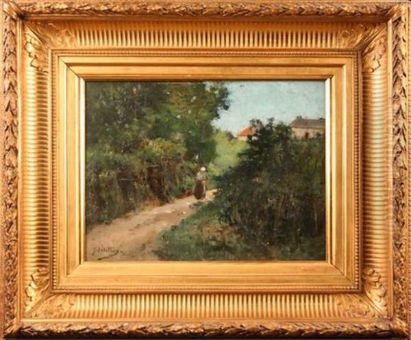 Paysanne En Chemin Oil Painting by Jules Petillion