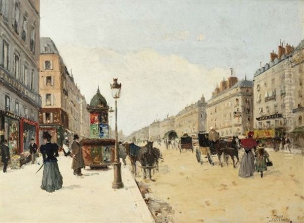 Paris, La Rue Lafayette Animee Oil Painting by Jules Petillon