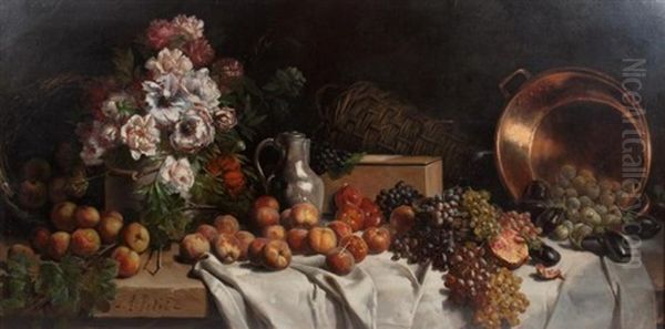 Still Life Of Fruit And Flowers Oil Painting by Alfred Petit