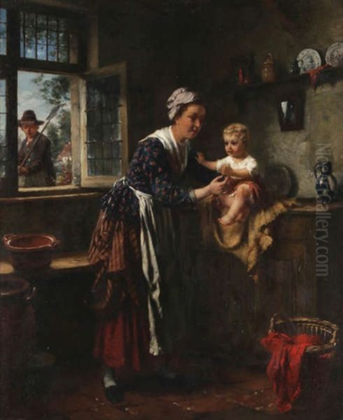 Interieur Anime D'une Scene De Famille Avec Mere Et Enfant, Le Jardinier A La Fenetre Oil Painting by Charles Petit