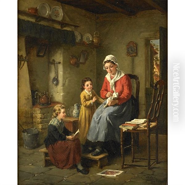 An Interior Domestic Scene Oil Painting by Charles Petit