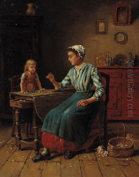 A Woman Amusing Her Daughter Oil Painting by Charles Petit