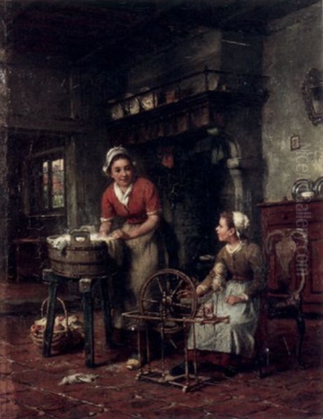 Grandmother's Spinning Wheel Oil Painting by Charles Petit