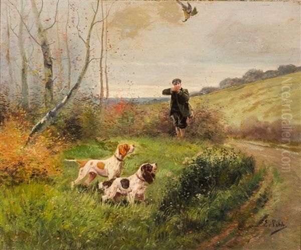 Jager Auf Entenjagd Mit Zwei Jagdhunden In Herbstlicher Landschaft Oil Painting by Eugene Petit