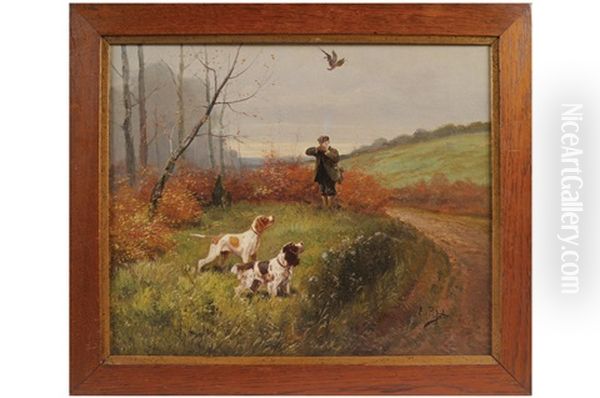 Shooting With Dogs On A Path Oil Painting by Eugene Petit