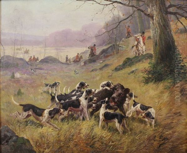 Chasse A Courre Au Sanglier Et Au Cerf (2 Works) Oil Painting by Eugene Petit