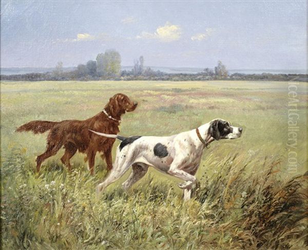 Pointer And A Setter In A Landscape Oil Painting by Eugene Petit