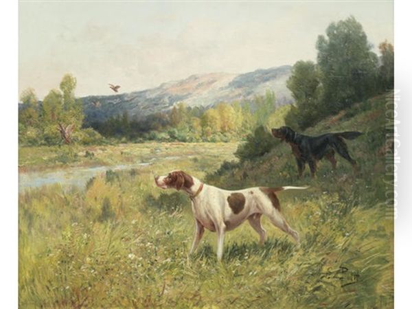 Two Pointers In A Landscape Oil Painting by Eugene Petit