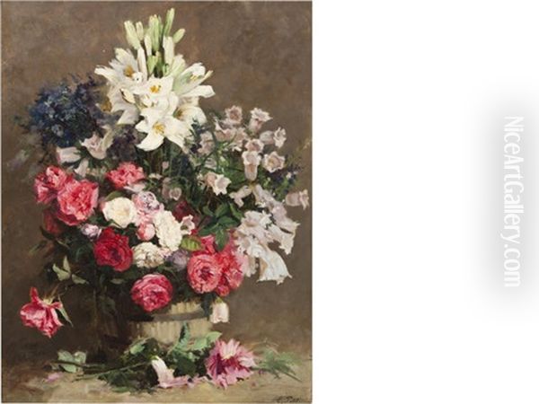 A Bouquet Of Roses And Lilies Oil Painting by Eugene Petit