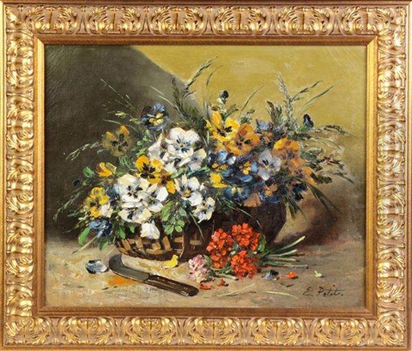 Still Life With Flower Basket Oil Painting by Eugene Petit