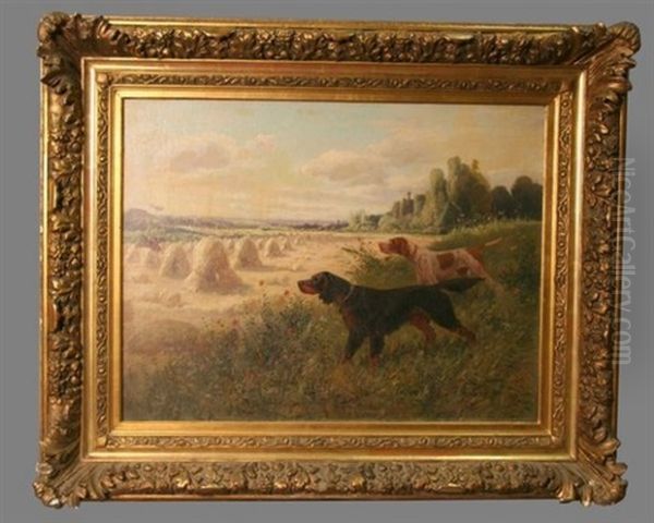 Deux Chiens Dans Un Champ Avec Des Meules Oil Painting by Eugene Petit