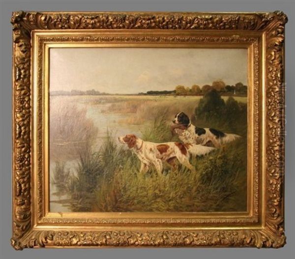 Deux Chiens Au Bord D'un Etang Oil Painting by Eugene Petit