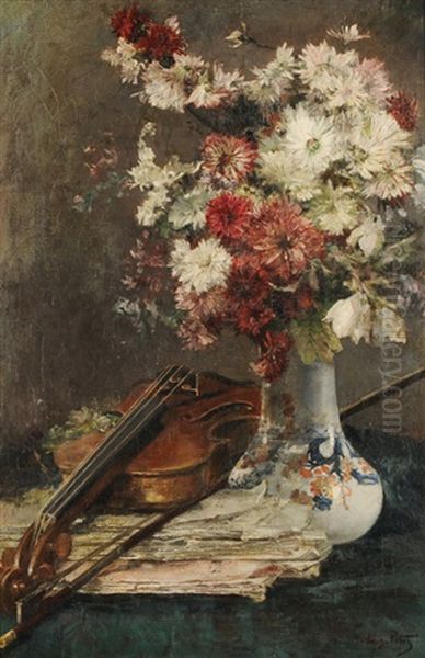 Blumenstilleben In Chinesischer Vase Mit Violine Oil Painting by Eugene Petit