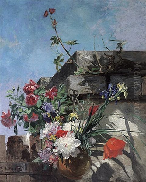 Topf Mit Fruhlingsblumen, An Einer Mauer Hangend Oil Painting by Eugene Petit