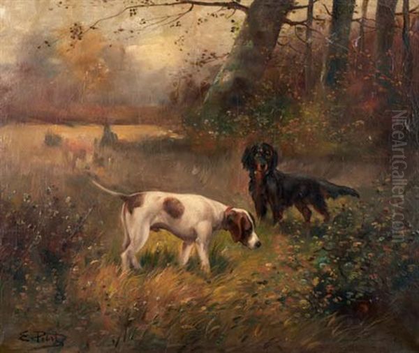 Les Deux Chiens En Arret Sur Un Faisan Oil Painting by Eugene Petit