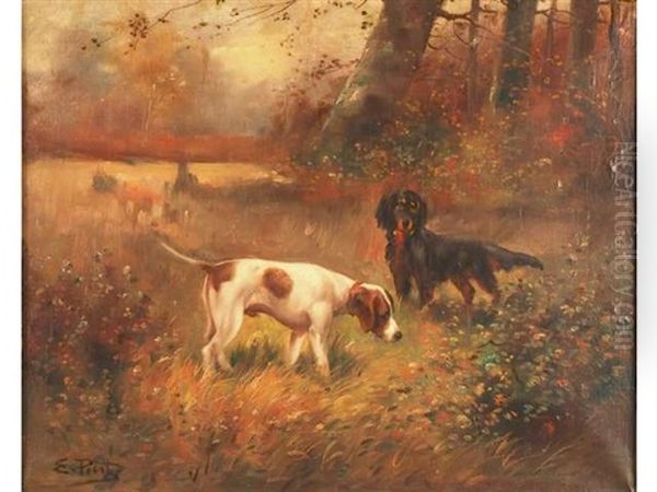 Deux Chiens De Chasse Dans La Campagne Oil Painting by Eugene Petit