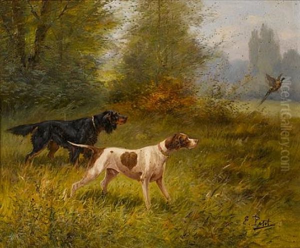 Two Setters Putting Up Game (+ A Pointer And A Setter Flushing A Pheasant; Pair) Oil Painting by Eugene Petit