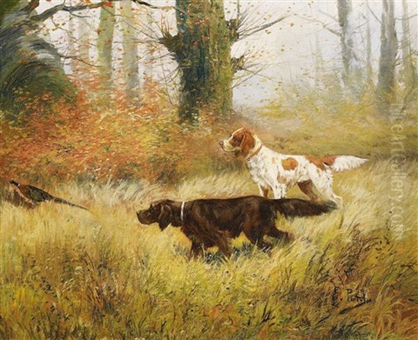 Im Herbstwald. Jagdhunde Stellen Einen Fasan Oil Painting by Eugene Petit