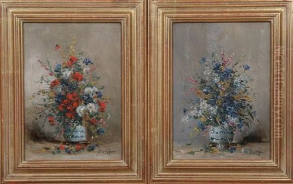 Wild Flowers In Vases (+ Another; 2 Works) Oil Painting by Eugene Petit