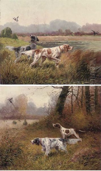 Chiens De Chasse A L'arret (+ Another Similar; Pair) Oil Painting by Eugene Petit