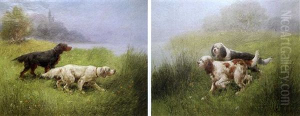 Chiens De Chasse A L'arret (+ Another, Similar; Pair) Oil Painting by Eugene Petit