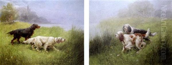 Chiens De Chasse A L'arret (+ Another, Similar; Pair) Oil Painting by Eugene Petit