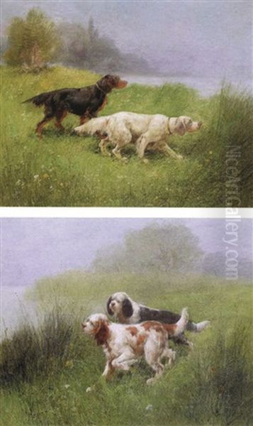 Chiens De Chasse A L'arret Dans Les Hautes Herbes (+ Another, Similar; Pair) Oil Painting by Eugene Petit