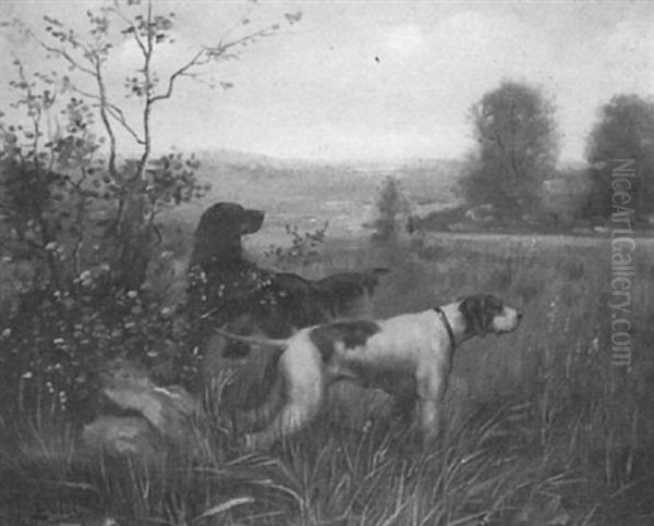 Deux Chiens A L'arret Dans Les Hautes Herbes Oil Painting by Eugene Petit