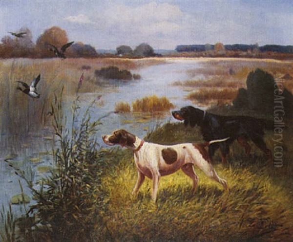 Chiens Levant Un Canard Oil Painting by Eugene Petit