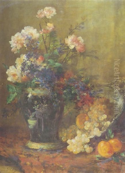 Rosiers, Fruits Et Piece D'orfeverie Oil Painting by Eugene Petit