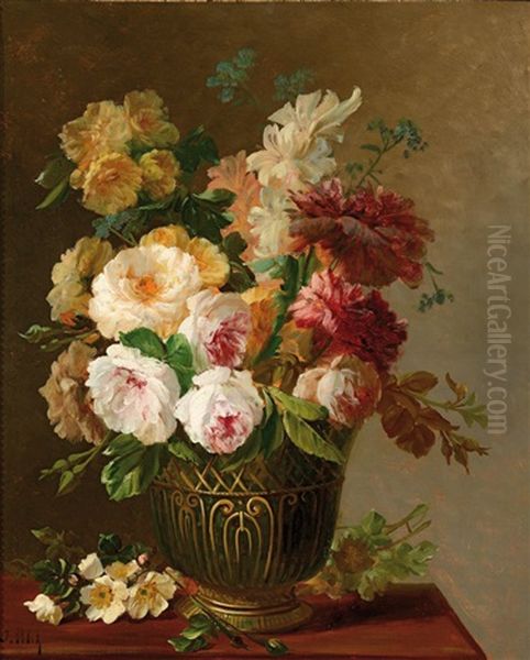 Bouquet De Fleurs Dans Un Vase Orne De Bronzes Dores, Pose Sur Un Entablement Oil Painting by Jacob Petit