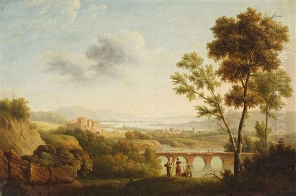 Panoramic River Landscape With Resting Figures Oil Painting by Pierre Joseph Petit