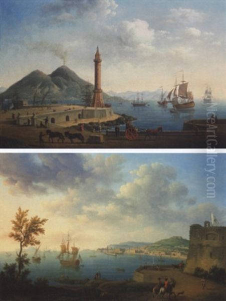 Vue Du Mole Et Du Phare De Naples Avec Le Vesuve A L'arriere-plan Oil Painting by Pierre Joseph Petit