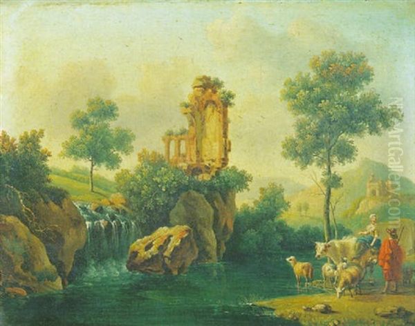 Troupeau S'abreuvant Oil Painting by Pierre Joseph Petit