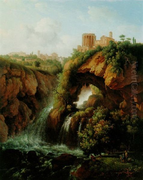 View Of The Cascade And Temple Of The Sibyl At Tivoli With An Artist Painting And Other Figures Oil Painting by Pierre Joseph Petit