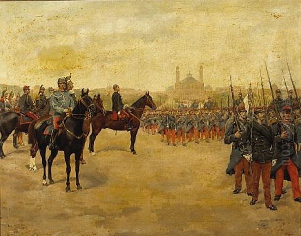 Reviewing The 28th Infantry Regiment With A North African Town In The Distance Oil Painting by Pierre Petit-Gerard