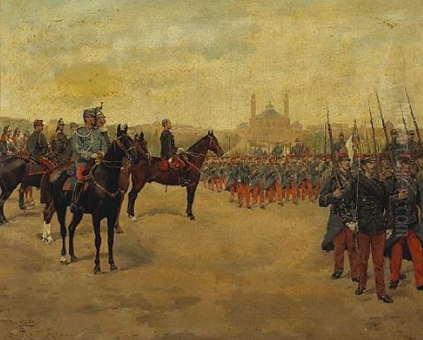 Reviewing The 28th Infantry Regiment With A North African Town In The Distance Oil Painting by Pierre Petit-Gerard