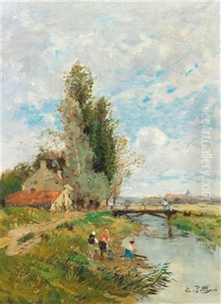 River Landscape With Washerwomen In The Foreground Oil Painting by Edmond Marie Petitjean