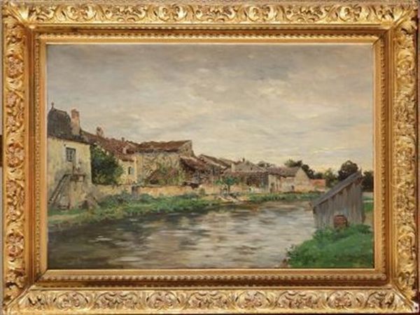 Lavandieres Devant Le Village Oil Painting by Edmond Marie Petitjean