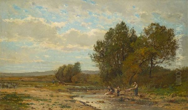 Les Lavadieres Oil Painting by Edmond Marie Petitjean